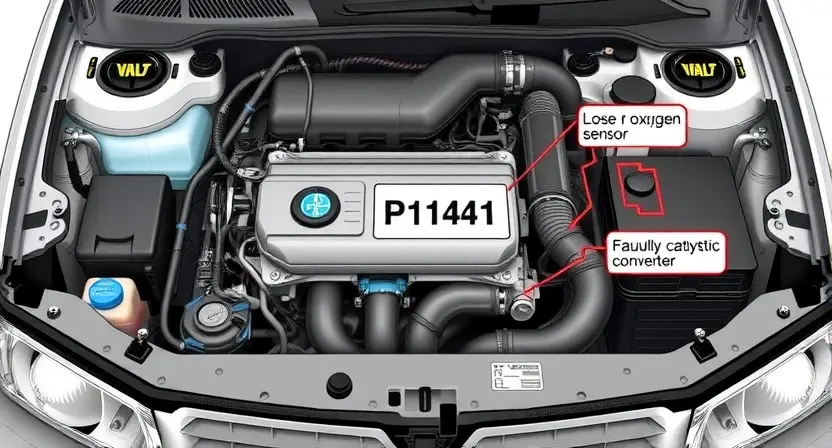 A detailed illustration of a VAZ/Lada car engine bay, highlighting the area related to the P1141 error code. Include visual cues representing the potential causes of the error, such as a loose or damaged oxygen sensor, a faulty catalytic converter, or a problem with the engine control unit. Focus on technical details and clear labeling of components.