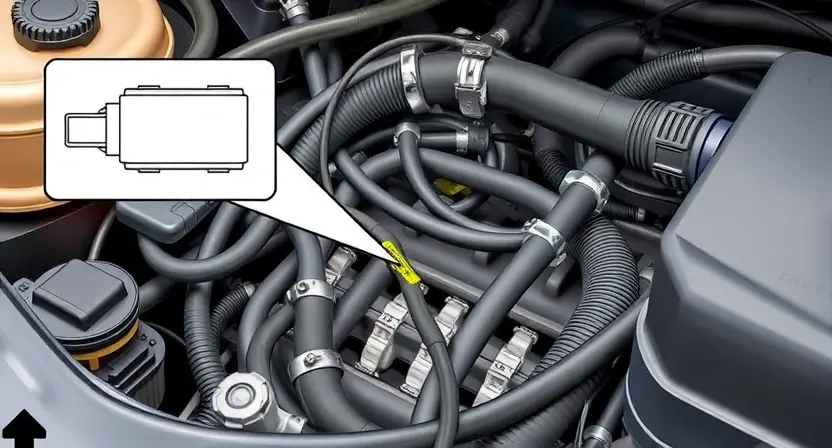 A detailed illustration of a car engine bay, focusing on the coolant temperature sensor and its wiring. The sensor should be clearly visible, along with the surrounding hoses and electrical connections. Include a simplified diagram showing the sensor's position and connection to the engine control unit (ECU). The overall scene should convey a sense of technical precision and diagnostic analysis.
