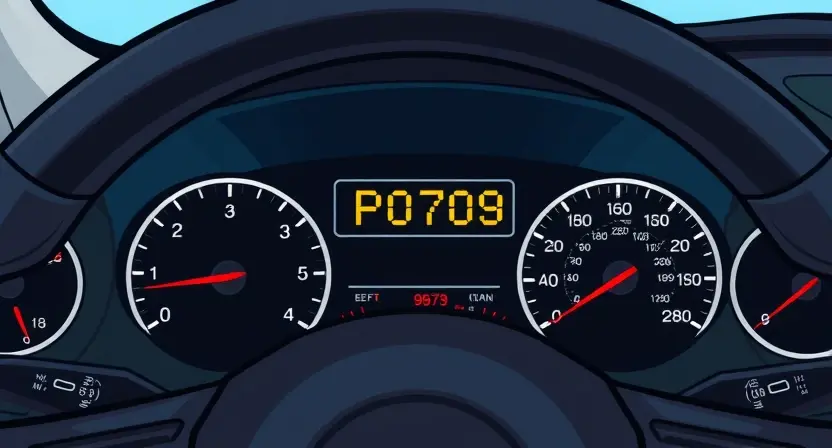 A detailed illustration of a car's dashboard with a diagnostic code display showing P0709. The dashboard should be brightly lit and clearly show the code. Include relevant car components like the steering wheel, speedometer, and gauges in the background.