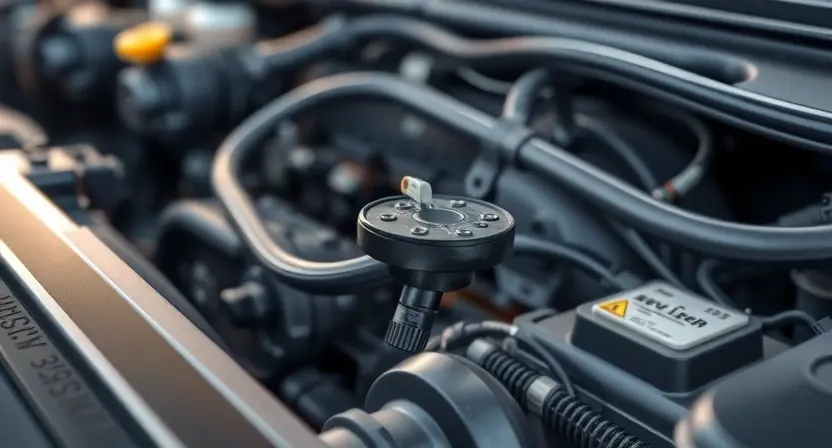 A detailed illustration of a car's engine bay, focusing on the coolant level sensor. The sensor is clearly visible, connected to various hoses and wires. The background should be slightly blurred to emphasize the sensor. The overall lighting should be realistic, highlighting the components.