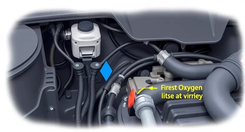 A detailed illustration of an automotive engine bay, focusing on the oxygen sensor and its wiring. The sensor should be clearly visible, with wires connected to a diagnostic port. Include a visual representation of the potential issue – a slightly dimmed or flickering light near the sensor, or a subtle visual indication of voltage fluctuation.