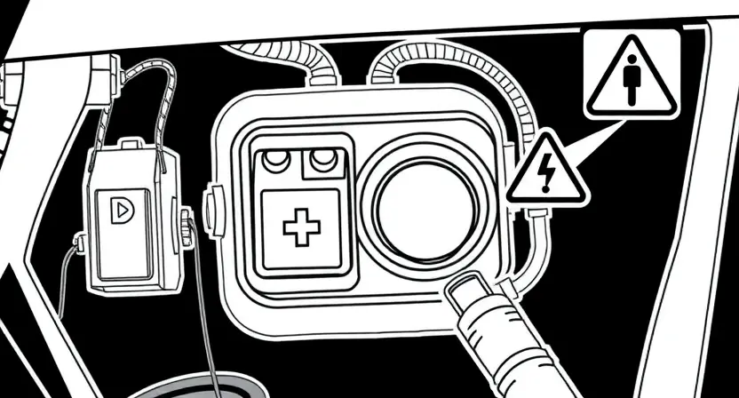 A detailed technical illustration of a car ignition system showing a low voltage input circuit warning for a key lock, with symbols like a battery, wiring, and a warning sign, clean lines, technical diagram style
