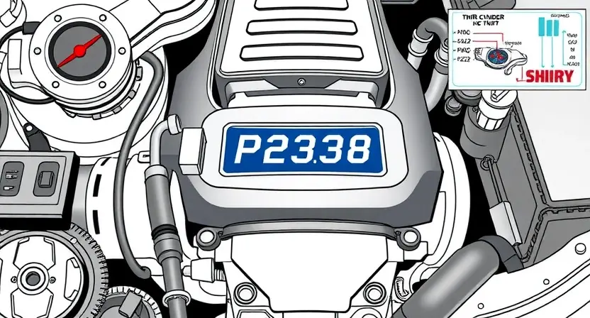 A high-quality technical illustration showing a modern car engine with the third cylinder highlighted, displaying a warning sign or error code P2338, surrounded by diagnostic tools and schematics, clean lines, detailed components, no text or numbers on the image, style: HQ-832-448-h