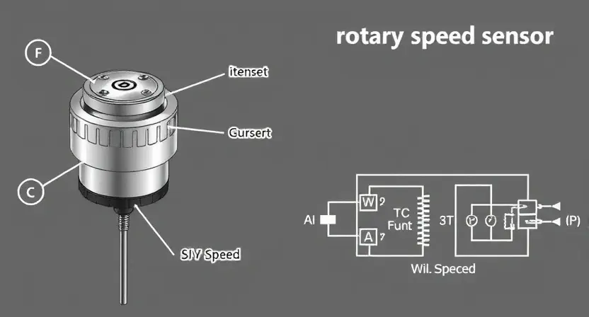 A detailed technical illustration of a rotary speed sensor, highlighting the sensor itself, its wiring connections, and a schematic diagram showing its internal components and electrical signals. The sensor should be depicted in a realistic, slightly angled view, with clear labels for each part.