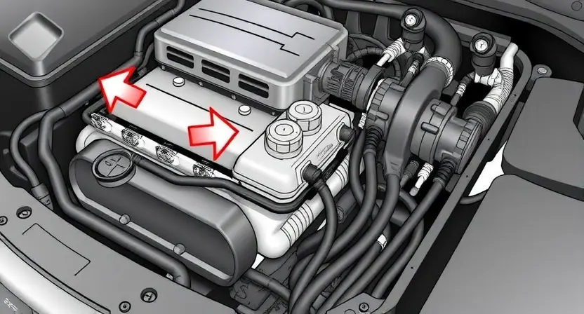 A detailed, high-quality illustration of a car's engine bay, focusing on the intake valve solenoid and its associated wiring. The solenoid should be clearly visible, with arrows indicating the location of the wiring harness connected to it. The surrounding components of the engine bay should be realistically depicted, but not distracting from the main focus. The image should convey a sense of technical accuracy and clarity, suitable for a repair manual.