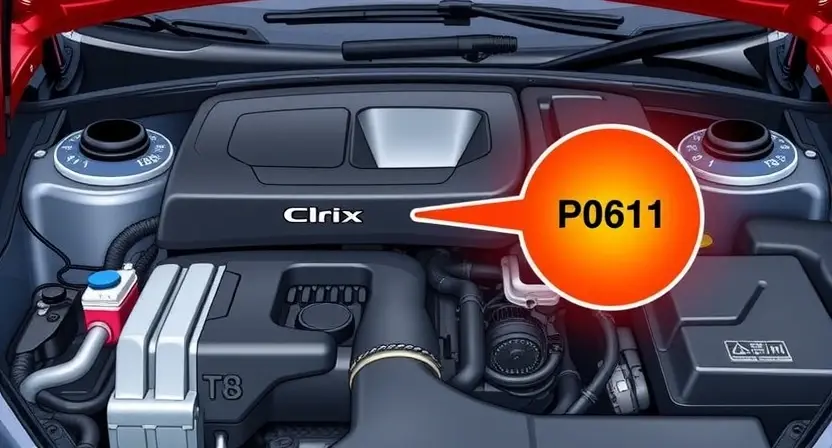 A detailed illustration of a car's engine bay, highlighting the P0611 error code indicator light. Focus on the dashboard and the diagnostic light.
