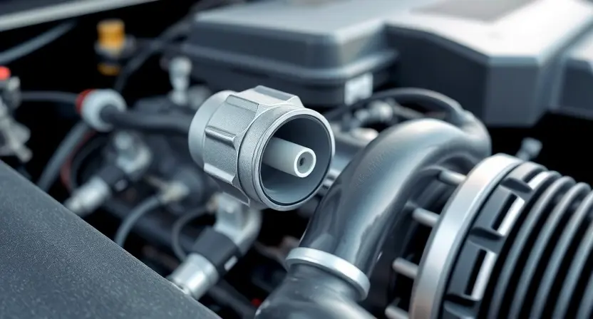 A close-up, detailed illustration of a car's engine bay, focusing on the mass airflow sensor (MAF sensor). The sensor should be clearly visible, with surrounding wiring and intake ducting. Use bright, clean lighting to highlight the sensor's components. The background should be slightly blurred to emphasize the sensor.