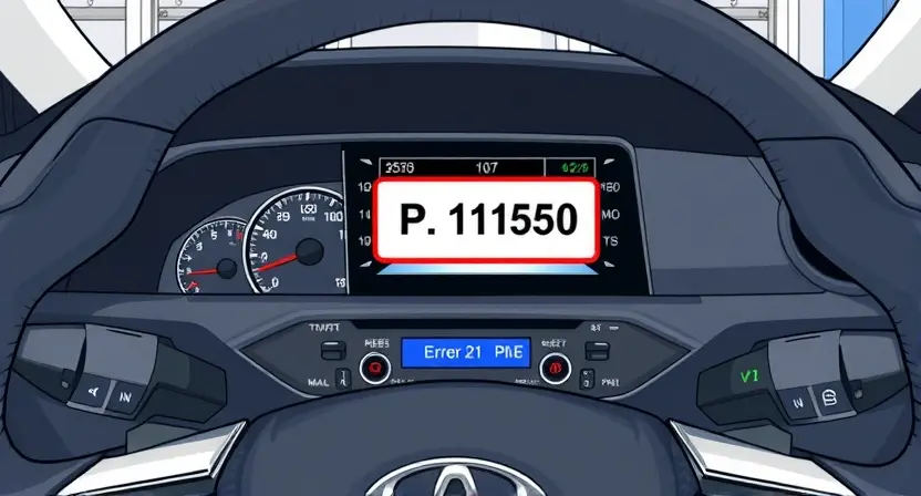 A detailed illustration of a Toyota car dashboard with a highlighted P1150 error message displayed on the infotainment screen. The dashboard should be clean and modern, showcasing the instrument cluster and central display. Focus on the error message and its location within the screen's interface. The car should be in a well-lit garage setting, implying maintenance or diagnostics.