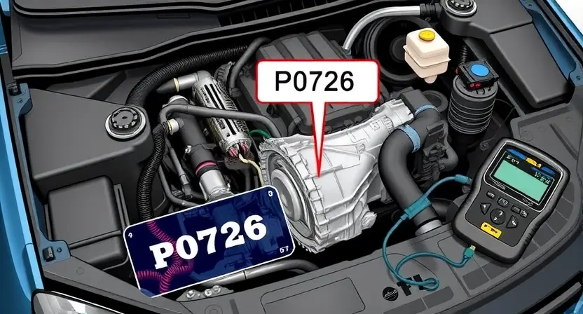 A detailed illustration of a car's engine bay, focusing on the area related to the P0726 error code. Include visual representations of relevant components like the transmission, shift linkage, and potentially a diagnostic tool connected to the vehicle's computer. The image should convey a sense of technical complexity and problem-solving.