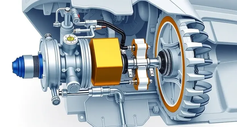 A detailed technical illustration of a car's adaptive shock absorber system. Focus on the internal components, including the control unit, sensors, and hydraulic mechanisms. Highlight the connection points and the overall structure of the system. The image should convey precision engineering and technical complexity.