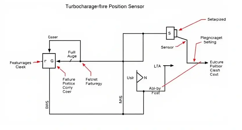 A detailed schematic diagram of a turbocharger position sensor circuit, highlighting the sensor, wiring, and potential failure points. The diagram should be clean and easy to understand, with labels for all components.