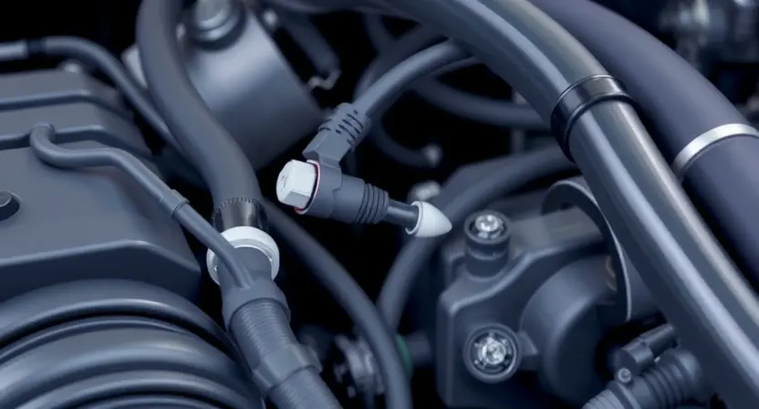 A close-up, detailed illustration of a car engine bay, focusing on the coolant temperature sensor and its wiring. The sensor should be clearly visible, along with the surrounding hoses and components. The overall image should convey a sense of technical precision and automotive diagnostics. The background should be slightly blurred to emphasize the sensor area.