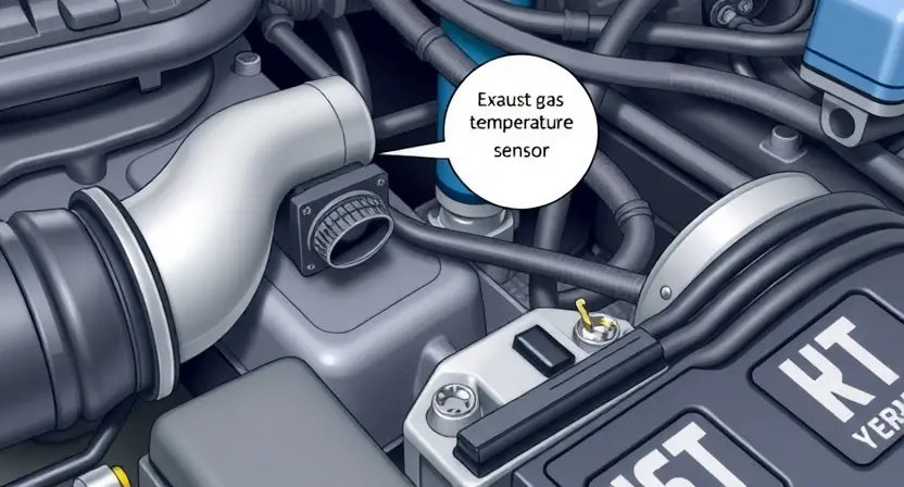 A detailed illustration of an automotive engine bay, focusing on the exhaust gas temperature sensor and its wiring. The sensor should be clearly visible, along with the associated wiring harness and connector. Show a potential fault in the wiring, such as a loose connection or a damaged wire. The background should be slightly blurred to emphasize the sensor and wiring.