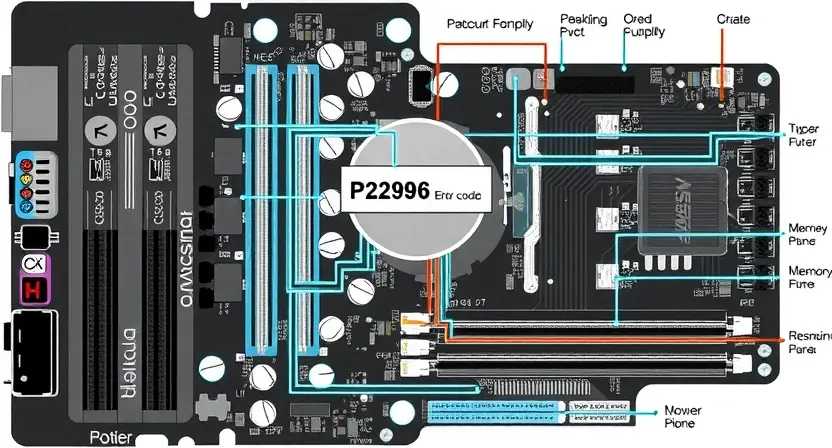 A detailed schematic diagram illustrating a computer motherboard with a highlighted P2196 error code indicator. Focus on the logical connections between components, emphasizing the power supply, chipset, and memory modules. The diagram should be clean and professional, suitable for technical documentation.