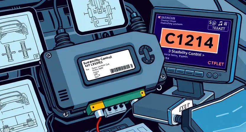 A detailed illustration of a car's electronic control unit (ECU) with a highlighted error code 'C1214' displayed on a connected diagnostic computer screen. The ECU should be surrounded by wiring diagrams and schematic representations of the car's suspension system. Focus on the technical aspects of the car's stability control system. The overall scene should convey a sense of automotive diagnostics and repair.