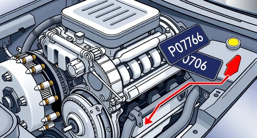 A detailed illustration of a car engine with a diagnostic code P0706 highlighted. The engine should be realistically rendered, showing various components like the crankshaft, camshaft, and sensors. The code P0706 should be clearly displayed on a digital display near the engine, with accompanying visual cues indicating the issue (e.g., a warning light).