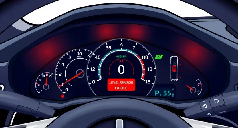 A detailed illustration of a car's dashboard with a highlighted sensor malfunction warning light. The dashboard should be clean and modern, showing various gauges and displays. Focus on the warning light indicating a 'sensor failure' or 'level sensor issue'. The car's interior should be subtly visible, suggesting a contemporary vehicle. The overall composition should be informative and visually clear, emphasizing the sensor warning.