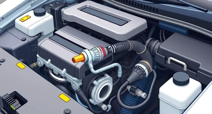 A detailed illustration of a car engine with a focus on the oxygen sensor and related components. The engine should be clean and well-lit, showcasing the sensor's location and connections. Include subtle visual cues representing exhaust gases and air intake.