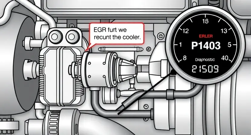 A detailed technical illustration of a diesel engine's exhaust gas recirculation (EGR) system showing the EGR valve, cooler, and exhaust gas flow path with a highlighted diagnostic error code P1403 on a digital gauge, clean technical diagram style