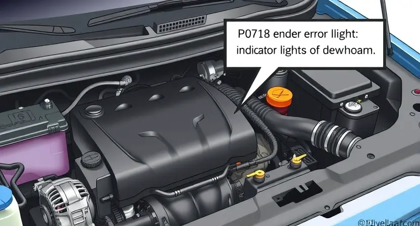 A detailed illustration of a car's engine bay, specifically highlighting the P0718 error code indicator light on the dashboard. The engine should be partially visible, showing various components like the alternator, battery, and intake manifold. Focus on the error light's appearance and its location.