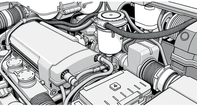 A detailed illustration of an engine bay with a close-up focus on the intake valve solenoid. The solenoid should be clearly visible, with wiring and hoses connected. Show the engine components in a realistic and technical style.