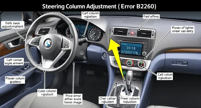 A detailed technical illustration of a car's steering column adjustment system, highlighting the key components such as the steering wheel, column, adjustment mechanisms, and control buttons. The image should depict the system in a way that helps understand the functions and tasks of the steering column adjustment, with a focus on the error B2260 context.