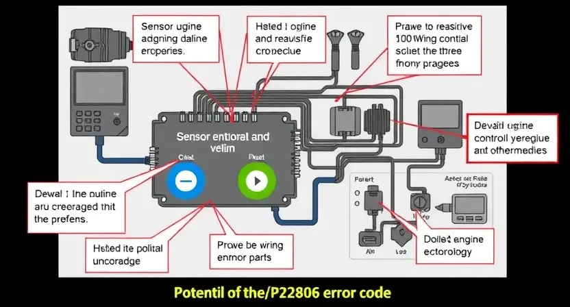 A detailed schematic diagram of an automotive engine control unit (ECU) with highlighted areas representing potential causes of the P2806 error code. Include visual representations of sensors, actuators, and wiring.