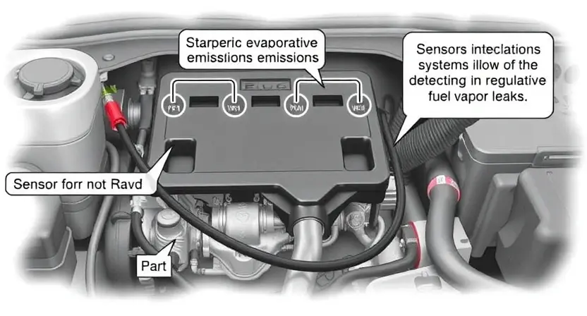 A detailed illustration of a car's engine control unit (ECU) with highlighted sensors and wiring related to the evaporative emissions system. Focus on the components involved in detecting and regulating fuel vapor leaks. The background should be a clean, technical environment.