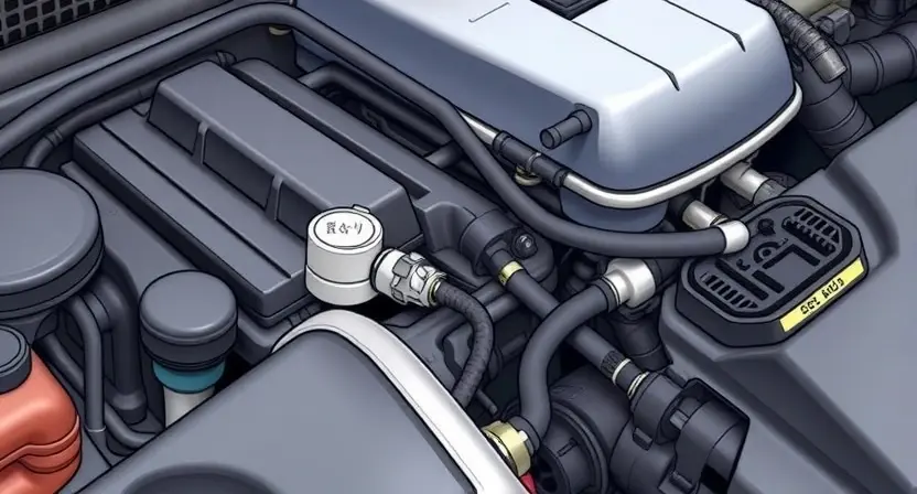 A close-up, detailed illustration of a car engine bay with a focus on the Manifold Absolute Pressure (MAP) sensor and its associated vacuum lines. The engine should be clean and well-lit, showcasing the sensor's location and connections. Include subtle visual cues indicating a potential issue, such as a slightly discolored vacuum line or a faint haze around the sensor. The overall impression should be informative and technical, suitable for an automotive repair guide.