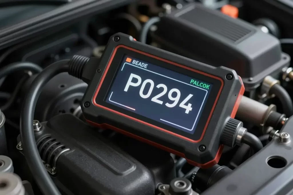A car engine with a diagnostic scanner showing error code P0294, surrounded by subtle technical elements like warning lights and engine components, no text or numbers on the scanner screen
