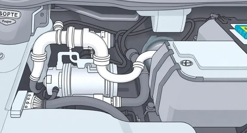 A detailed illustration of a car's air conditioning system with a visual representation of refrigerant leak points. Include pipes, hoses, and components like the compressor and condenser. Highlight a small, visible leak in one of the hoses. The background should be a clean, technical environment.