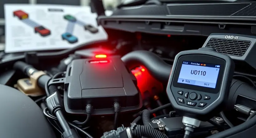 A modern automotive diagnostic scene showing a car's engine control unit (ECU) with a red warning light indicating communication loss, surrounded by wiring harnesses and diagnostic tools like an OBD-II scanner displaying error code U0110 on its screen, set in a well-lit garage with technical schematics of vehicle communication networks (CAN bus) visible in the background, emphasizing connectivity and system integrity