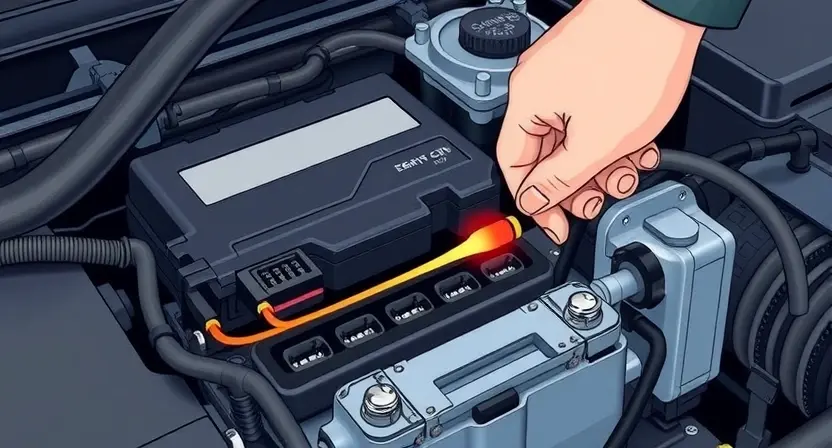 A detailed illustration of a car engine bay with a focus on the engine control unit (ECU) and related wiring. Highlight a wiring harness with a potential short circuit, indicated by a subtle visual effect (e.g., a faint glow or discoloration) near a connector. Show a mechanic's hand inspecting the wiring. The overall scene should be clean and professional, emphasizing technical accuracy.