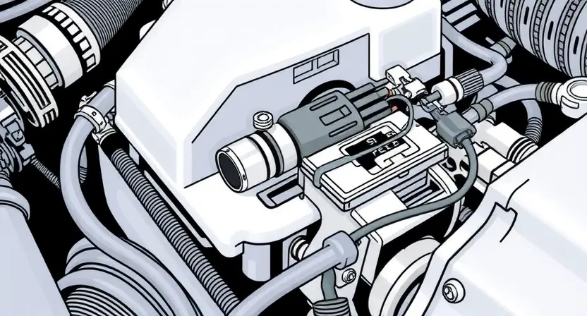 A close-up, detailed illustration of a car's engine bay, focusing on the oxygen sensor (A/F sensor) and the associated wiring harness. The sensor should be clearly visible, along with the surrounding engine components like hoses and belts. The image should convey a sense of technical precision and diagnostic inspection. The overall lighting should be bright and even, highlighting the details of the sensor and wiring.