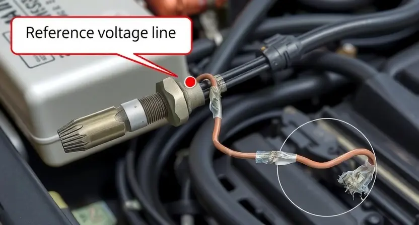 A detailed illustration of a car's oxygen sensor (lambda sensor) with a highlighted broken circuit in the reference voltage line. The image should show the sensor's connection to the exhaust system and the wiring harness, emphasizing the point of the break. Include a close-up of the damaged wire with frayed or disconnected ends. The background should depict a car engine bay with other components slightly blurred to focus on the oxygen sensor and its wiring.