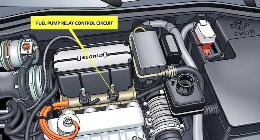 A detailed illustration of a car engine bay, focusing on the fuel pump relay control circuit. Highlight the relay, wiring, and any potential points of failure. The engine should be clean and well-lit, showcasing the components clearly. Include subtle visual cues suggesting a problem, such as a slightly disconnected wire or a faint discoloration on a component.