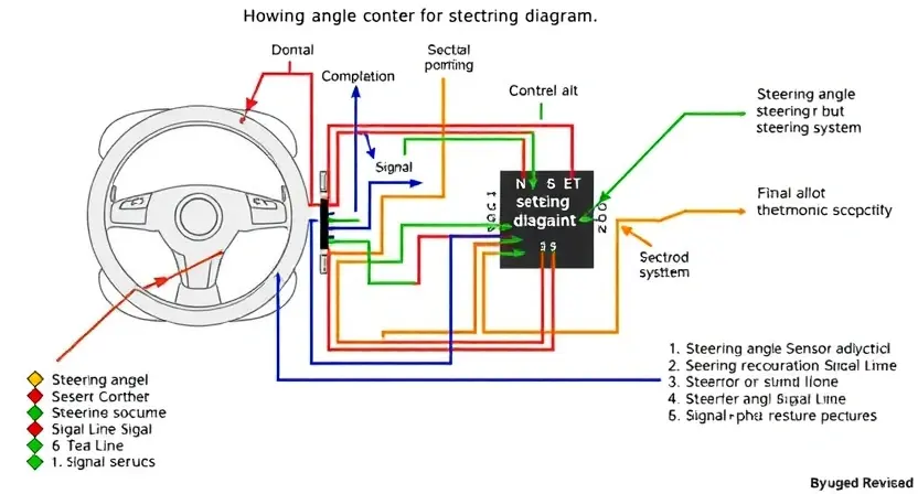 A detailed schematic diagram of a car's steering angle sensor and control circuit. Highlight the signal path and potential points of signal degradation. Use color coding to differentiate components and signal lines. Focus on the electronic components and wiring within the steering system.