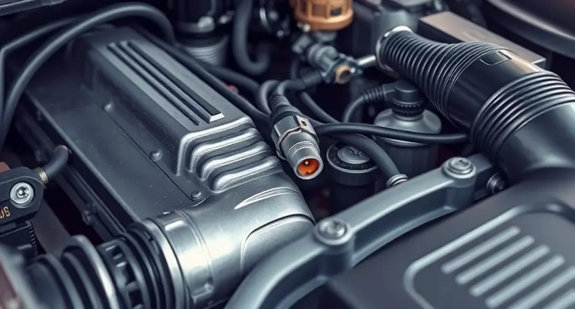A close-up, detailed illustration of a car engine bay. Focus on the engine's components, specifically the oxygen sensor and related wiring. The image should convey a sense of technical precision and clarity, highlighting the area where a P0122 error might originate. Use realistic lighting and textures to depict the metallic surfaces and rubber hoses.