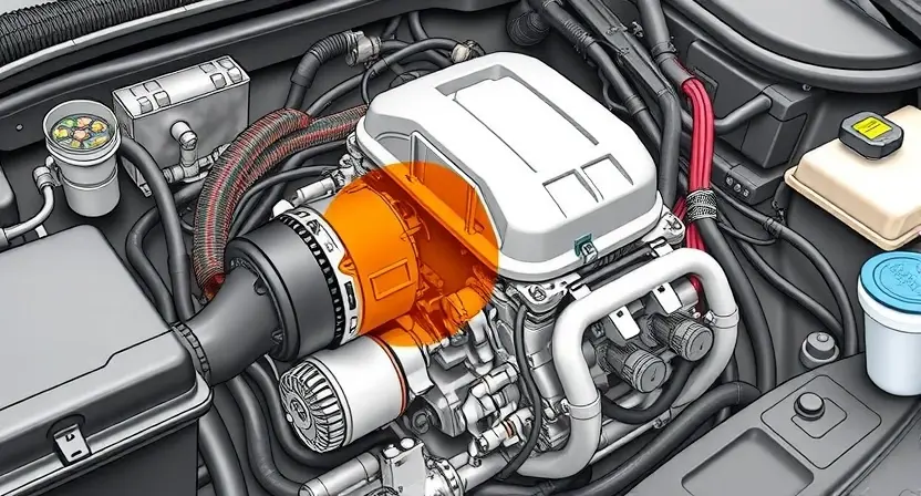A detailed illustration of a car engine compartment with a highlighted motor-generator unit, showing the control circuit with a visible fault or damage. The image should include various components like wires, connectors, and sensors, emphasizing the problematic area. The scene should be realistic and technical, suitable for an automotive repair manual.