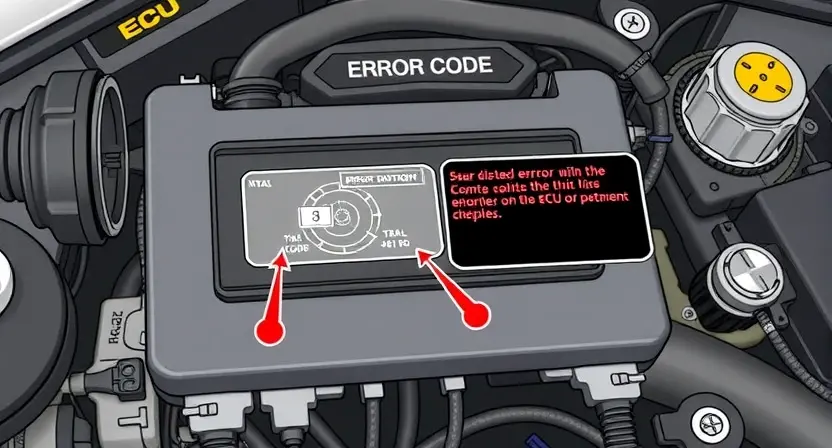 A detailed illustration of an engine control unit (ECU) with various sensors and wiring, highlighting a potential error code display. The background should be a clean, technical environment.