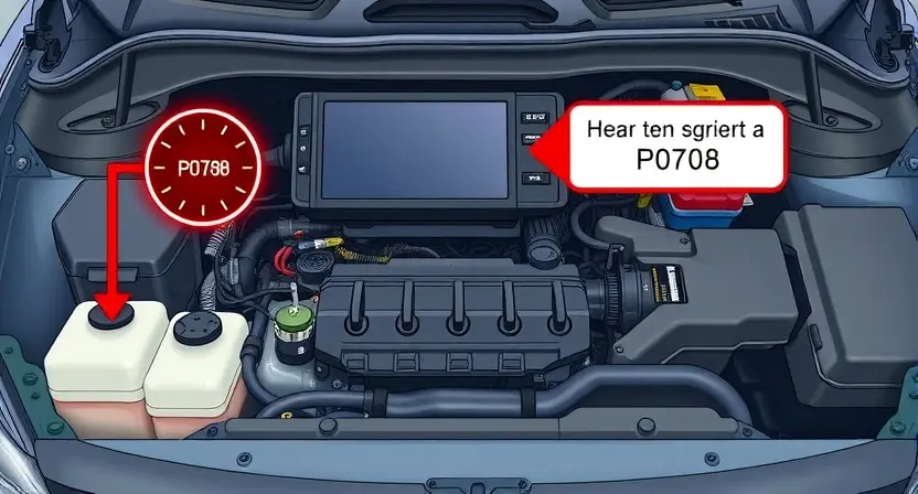 A detailed illustration of a car's engine bay, highlighting the P0708 error code indicator light on the dashboard. Focus on the diagnostic tools and components related to the issue, such as the vehicle's computer, sensors, and wiring. The image should convey a sense of technical inspection and problem-solving.
