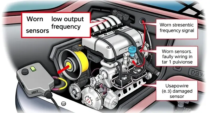 A detailed illustration of a car engine with a focus on the transmission and related components. Highlight the potential causes of a low output frequency signal, such as worn sensors, faulty wiring, or a malfunctioning PCM. Use visual cues to represent these issues (e.g., a broken wire, a damaged sensor).