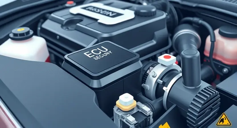 A close-up, detailed illustration of a car's engine bay. Focus on the engine control unit (ECU) and related sensors. Use bright, clean colors to represent a healthy engine. Include subtle visual cues indicating diagnostic information, such as a small, stylized error code symbol near the ECU. The background should be slightly blurred to emphasize the engine components.