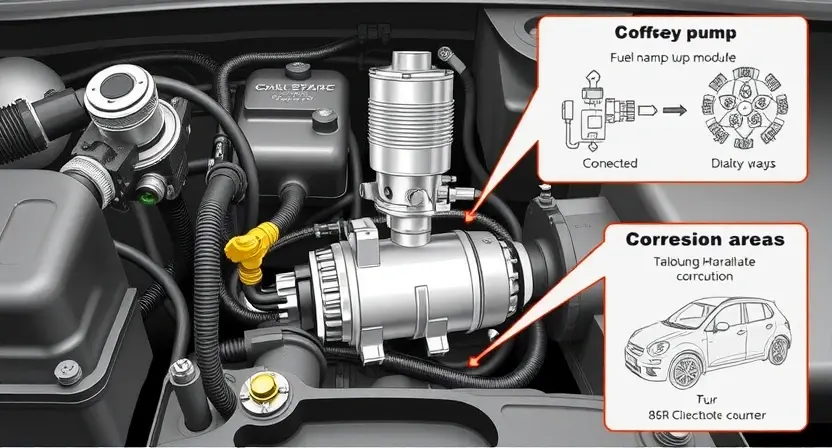 A detailed illustration of a car's fuel system, focusing on the fuel pump module (FPDM) and potential corrosion points. Include diagrams showing the connections and components. The image should depict a technical overview of the system, highlighting areas prone to failure due to corrosion.