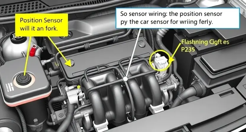 A detailed illustration of a car's engine bay, focusing on the sensor wiring and the position sensor for the fork. Highlight the potential points of failure in the wiring and connections. Include visual cues representing the P2836 error code (e.g., a flashing light or a diagnostic display).