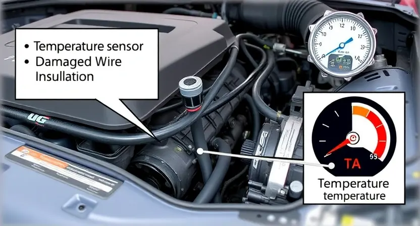 A close-up illustration of an engine bay, focusing on the intake manifold and associated wiring. Highlight a damaged wire with frayed insulation. Show a temperature sensor with a visual representation of an incorrect reading (e.g., a gauge showing an abnormal temperature). The background should be slightly blurred to emphasize the engine components.
