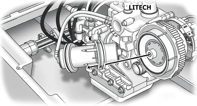 A detailed illustration of a car's transmission system, specifically focusing on the pressure solenoid and its connection to the clutch. Show the solenoid, hoses, and wiring clearly. Include labels indicating the components.