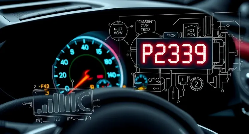 A high-quality diagnostic scene showing a car engine with an illuminated check engine light displaying code P2339, technical diagrams and error code overlay, professional automotive workshop background, detailed and clear visual representation