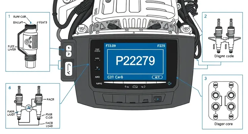 A high-quality technical illustration showing a modern car engine control unit with a highlighted error code P2279 on a diagnostic screen, surrounded by schematic diagrams of fuel injection systems and exhaust sensors, clean white background, detailed technical drawing style