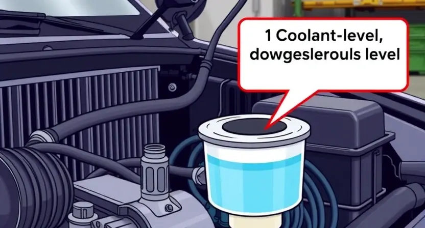 A detailed illustration depicting a car engine with a low coolant level. The engine should be partially visible, showing the radiator, hoses, and water pump. A clear visual representation of the coolant level being dangerously low should be shown in the reservoir. The background should be a slightly blurred garage setting.